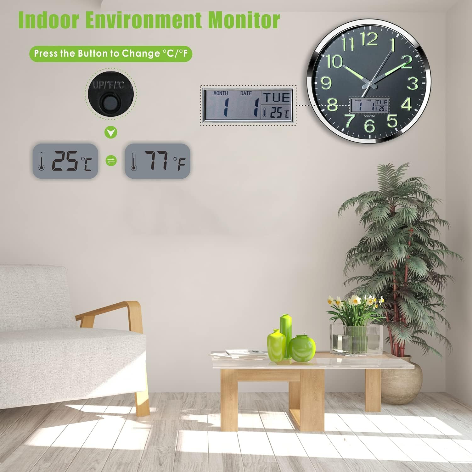 Luminous Wall Clock - 14’’ Extra Large Wall Clocks with Glowing Function LCD Display - Silent Movement for Kitchen Bedroom - Digital Wall Clocks Display Date Week Temp - Battery Operated (Green Light): Kitchen & Dining