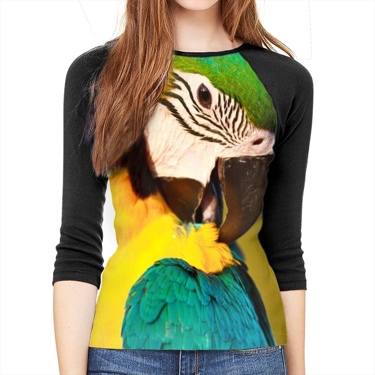 Womens Yellow Green Parrot Print 3/4 Sleeve Crew Neck Top Tshirt at Amazon Women’s Clothing store