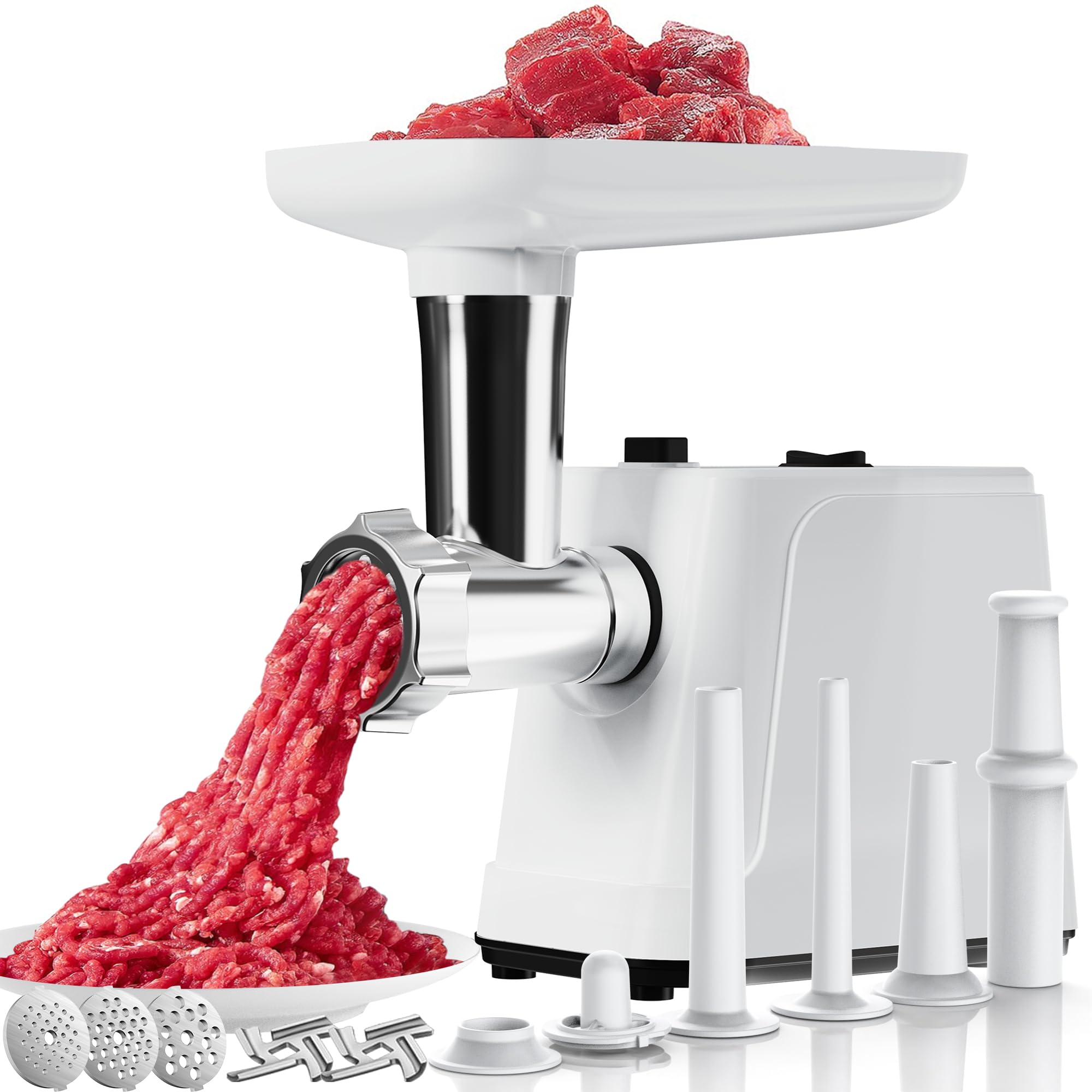 Photo 1 of 2500W Max Electric Meat Grinder & Sausage Stuffer - Mincer Machine with 1 Blade And 3 Plates, 3 Tubes & Kubbe Kit for Home Kitchen Use Oaomi ?White?