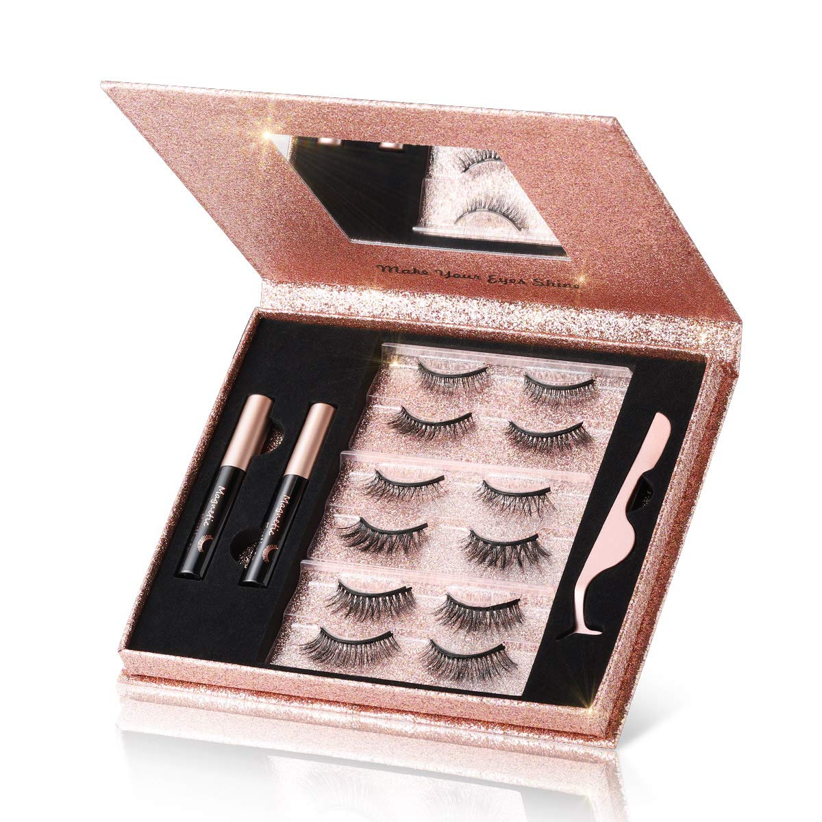 6 Pairs 3D Natural Look Magnetic Lashes Kit, 2 Tubes Long Lasting Magnetic Eyeliner 10mL, Mirror Box with Professional Tweezers - No Glue Needed