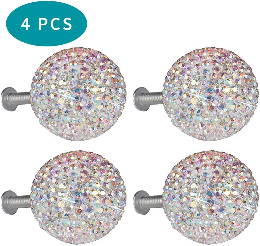 4Pcs Clear Crystal Diamond Door Knobs, Cabinet Handle, 30MM Clear Crystal Pull Drawer Kitchen Cabinet Drawer knobs with Screws (AB-4pcs)