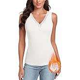 WOWENY Sleeveless Thermal Fleece Tank Top for Women V Neck Lace Camisole Warm Base Layer Cami Vest Underwear Tops