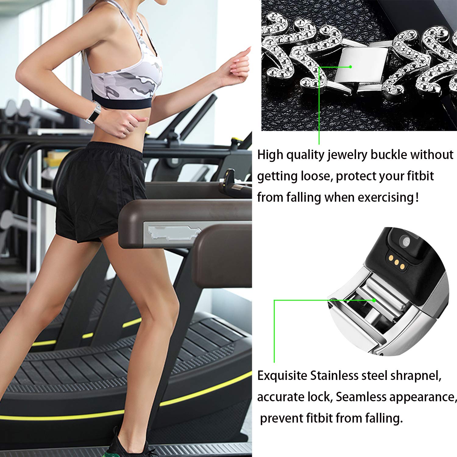 Kaleidoc Bands Compatible Fitbit Charge 2 - Metal Replacement Wristband with Premium Rhinestone Crystals, Adjustable Classy Bracelet Strap Compatible Fitbit Charge 2 Bands