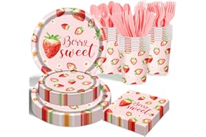 OUNIY Strawberry Plates and Napkins Tableware Set - 175 Pcs Strawberry Baby Shower Party Birthday Supplies, Strawberry Shortcake Birthday Decorations for Berry Sweet Baby Shower (25 Guest)