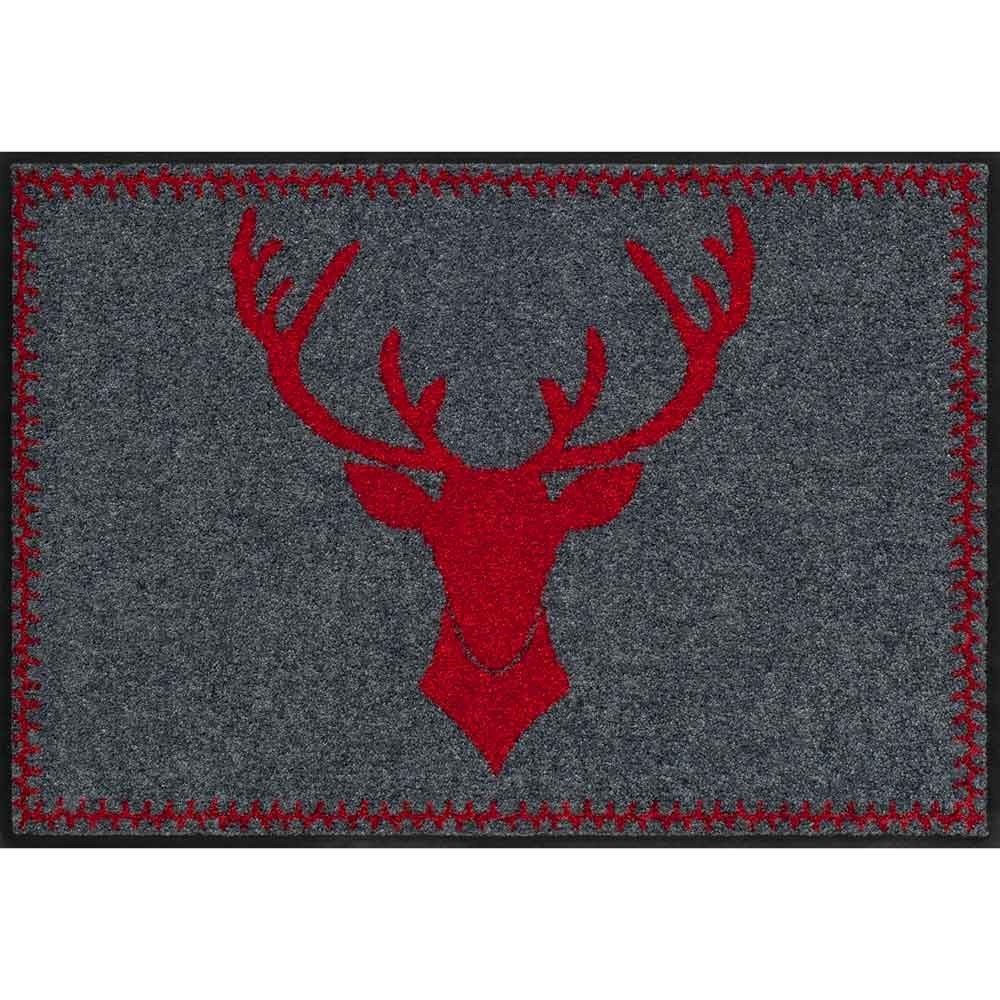 Salonloewe Door Mat with Stag Head Design Red Hunting Country House Sauberlauf Design 50 x 75 cm Red