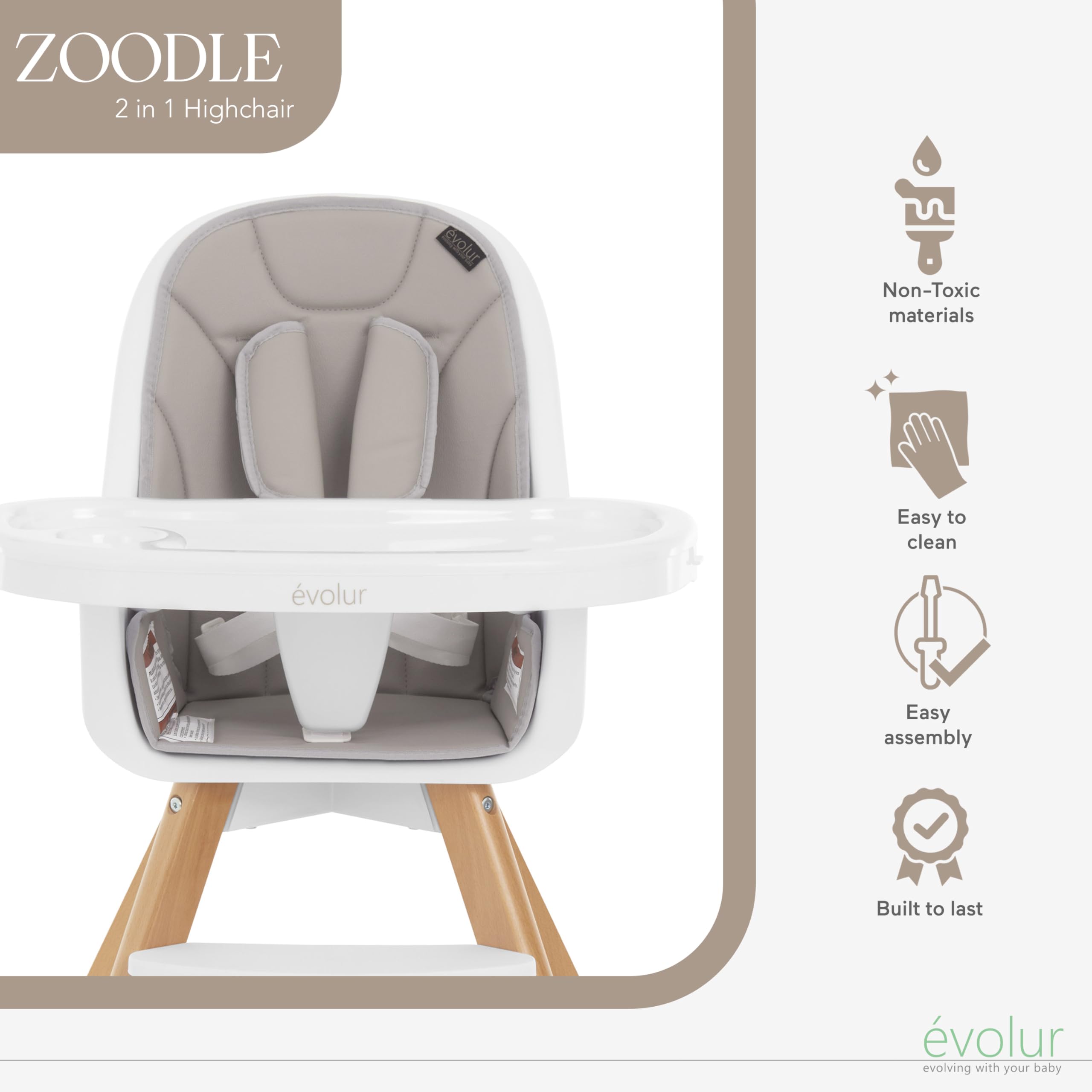 Evolur Zoodle 2 in 1 Convertible Baby High Chair in Light Gray