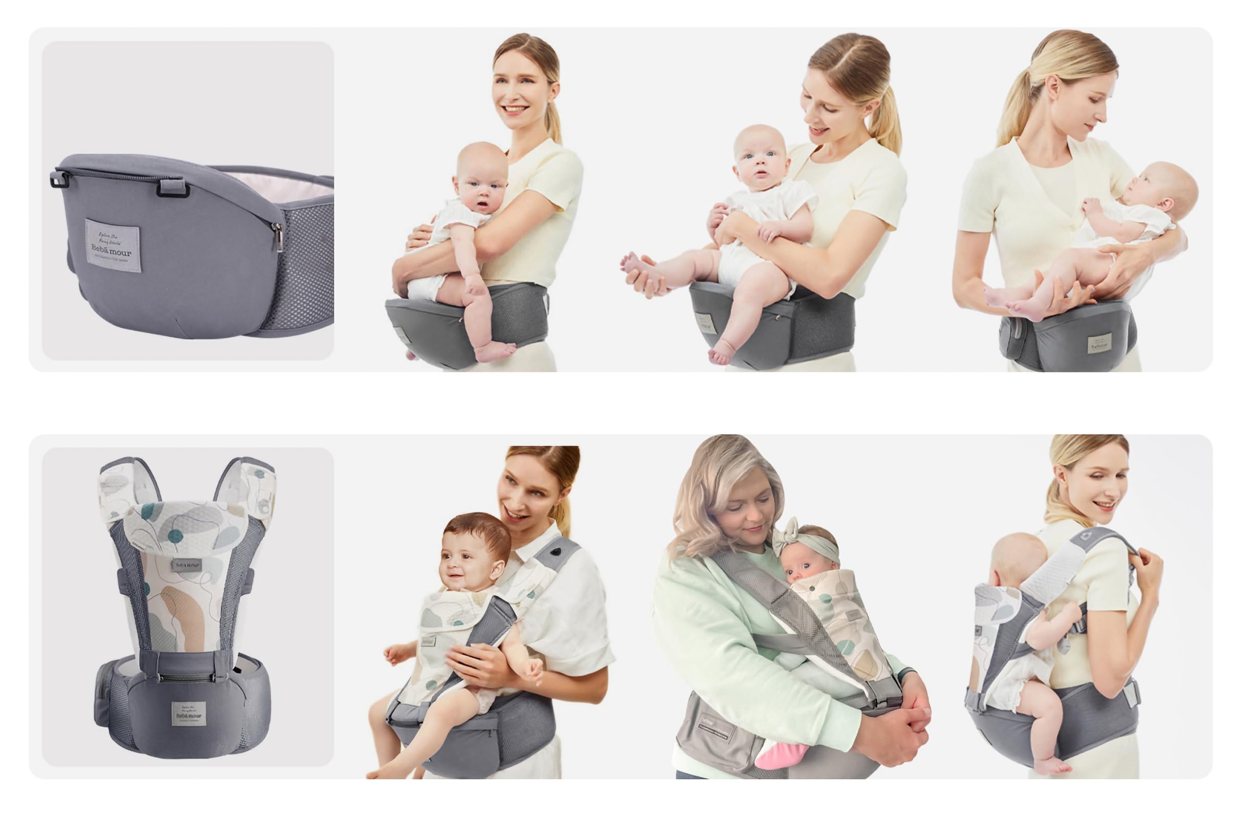 Bebamour Baby Carrier Newborn to Toddler-Baby Hip Carrier Front and Back Carry with Head Hood & 3 Pieces Teething Pads& Waist Extenders & Storage Bag (Grey)