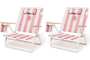 Business & Pleasure Co. Margaritaville Manana Chairs - Backpack Beach Chairs, Lay Flat Reclining, Lightweight & Portable, Insulated Cooler Pocket, Strawberry Daiquiri Stripe, Pack of 2