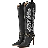 JANSEVEN Western Boots for Women Knee High Cowboy Boots with Embroidered Cowgirl Boot Stiletto High Heel Boot Pointed Toe Side Zipper 3.5 Inches Fashion Boots
