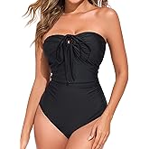 Smismivo Strapless Bandeau or Halter Swimsuits for Women Tummy Control Bathing Suit Ruched Swim Suits Retro Swimwear