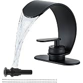 Ameletai Black Waterfall Single Hole Bathroom Sink Faucet, Solid Brass Single Handle Modern Bathroom Faucet, Snake Shape Design Basin Tap, Hollow Vessel Faucet with Deck Plate for 3 Holes