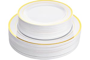 Aya's Cutlery Kingdom 100 White and Gold Plastic Plates for Thanksgiving Dinner - Fancy Plate for Party - 50 (10") Dinner and