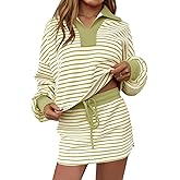 Fisoew Womens Striped 2 Piece Outfits Casual Sweatshirt Skirt Set Long Sleeve Skort Workout Set Matching Lounge Sets