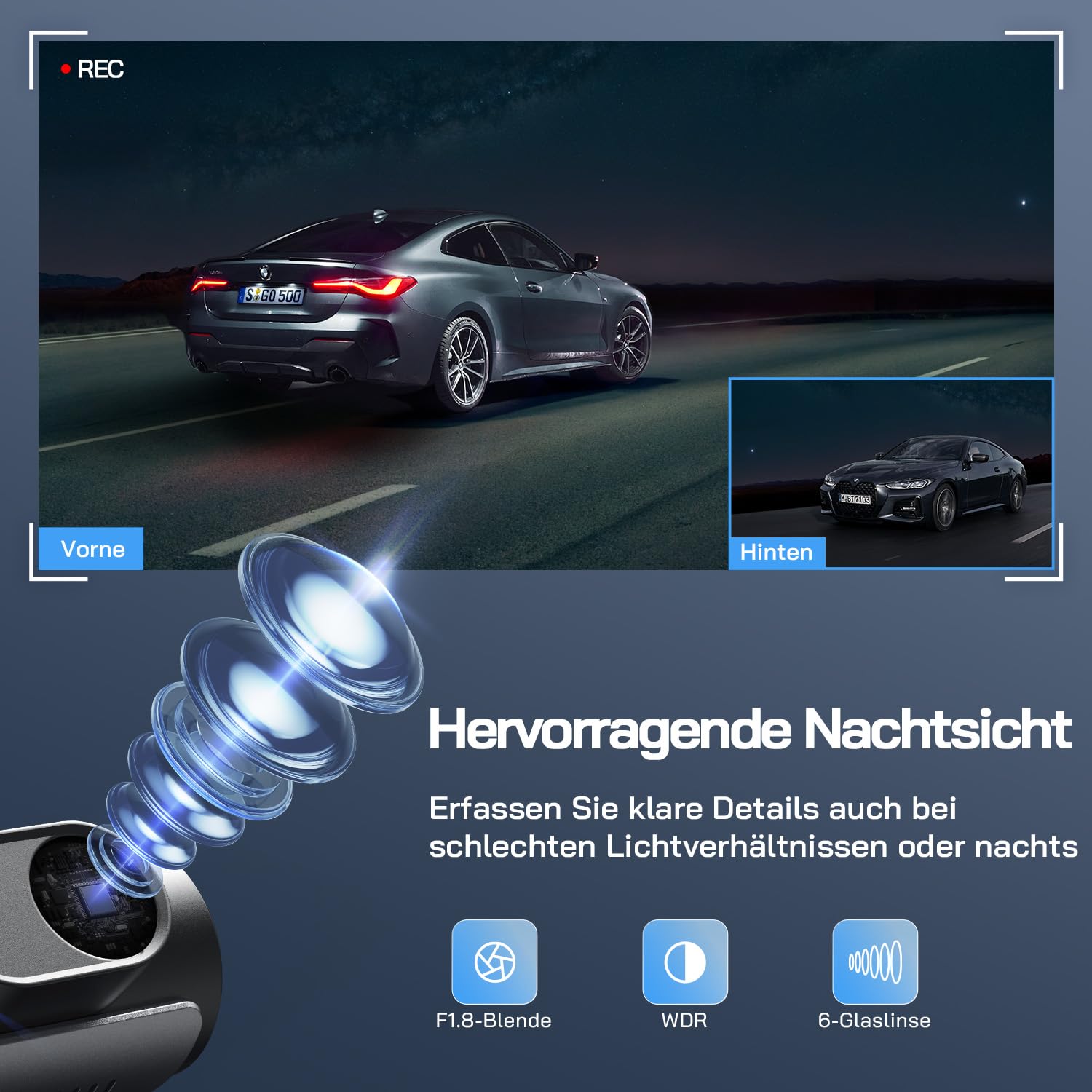 WOLFANG Dashcam Auto Vorne Hinten, 4K+1080P Wi-Fi Dash Cam, Ultra-Nachtsicht, Dual Auto Kamera mit 70°-Weitwinkel, WDR, 24 Std. Parkmodus, G-Sensor, Loop-Aufnahme 5