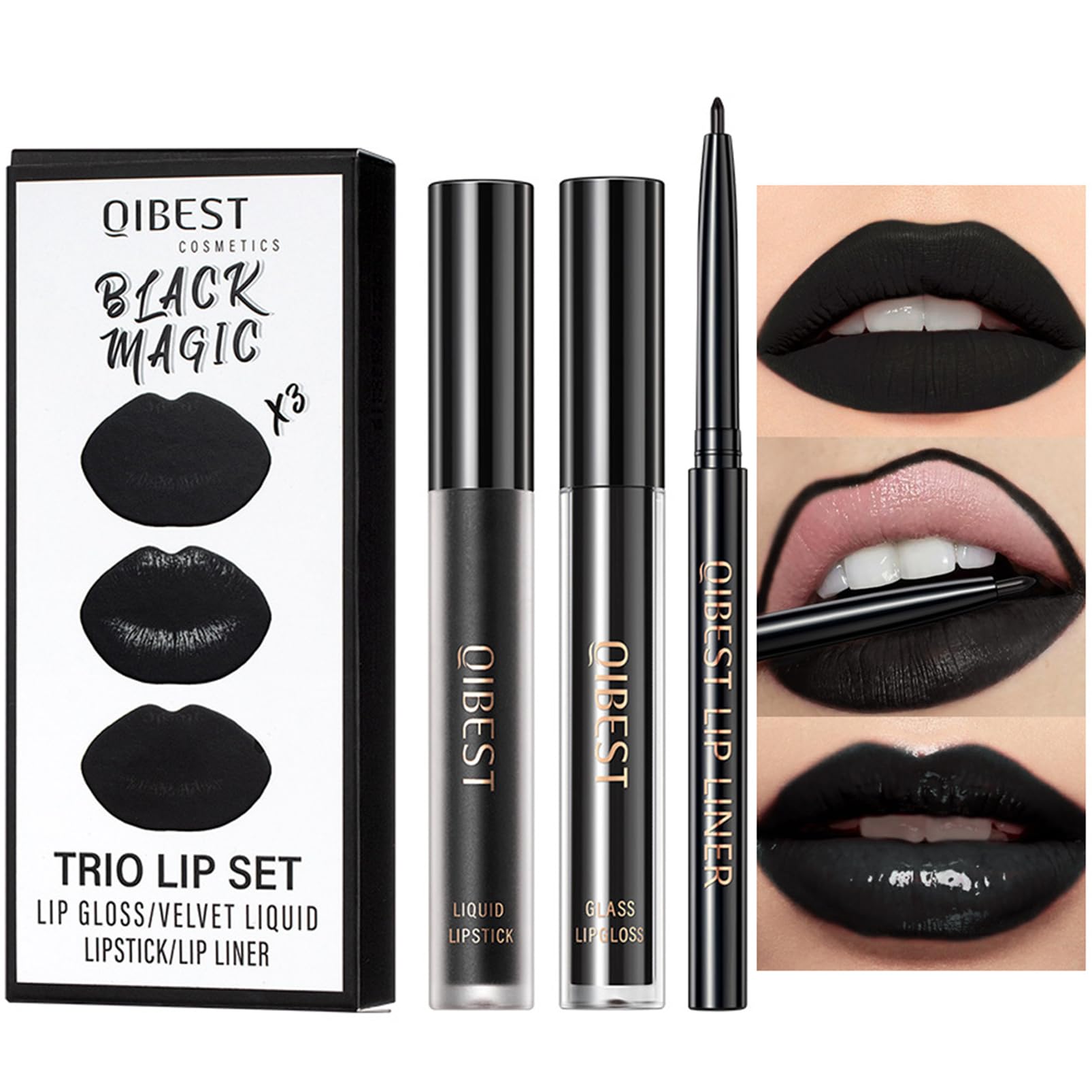 Black Matte Liquid lip Stick, Liner, Gloss Trio Set, Waterproof, Long-Lasting Moisturizing, Velvet lip Sticks for Women