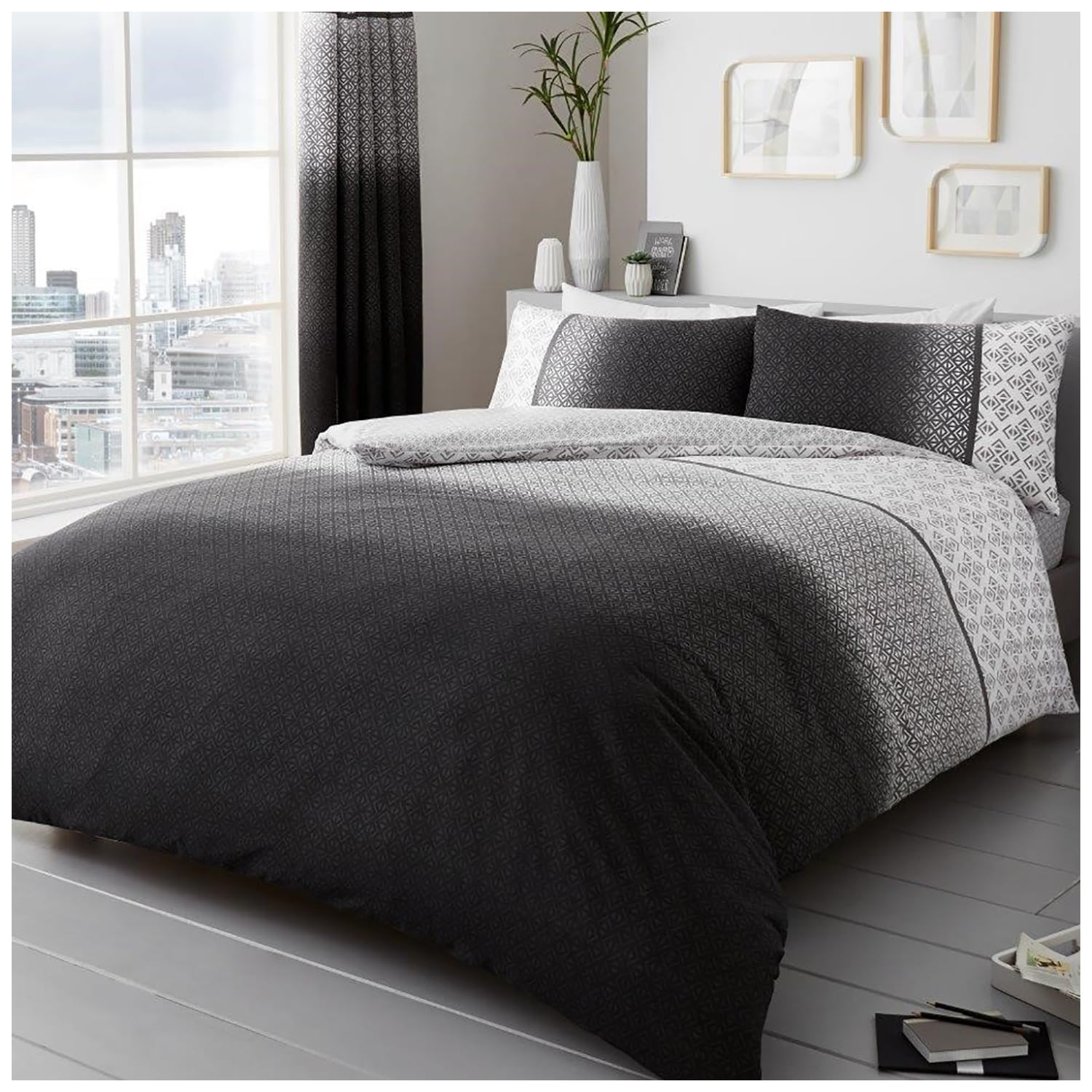 GC GAVENO CAVAILIA Ombre Duvet Cover Set, Easy Care Bedding & Linen, Reversible Geometric Single Bed Set, Grey, 677116