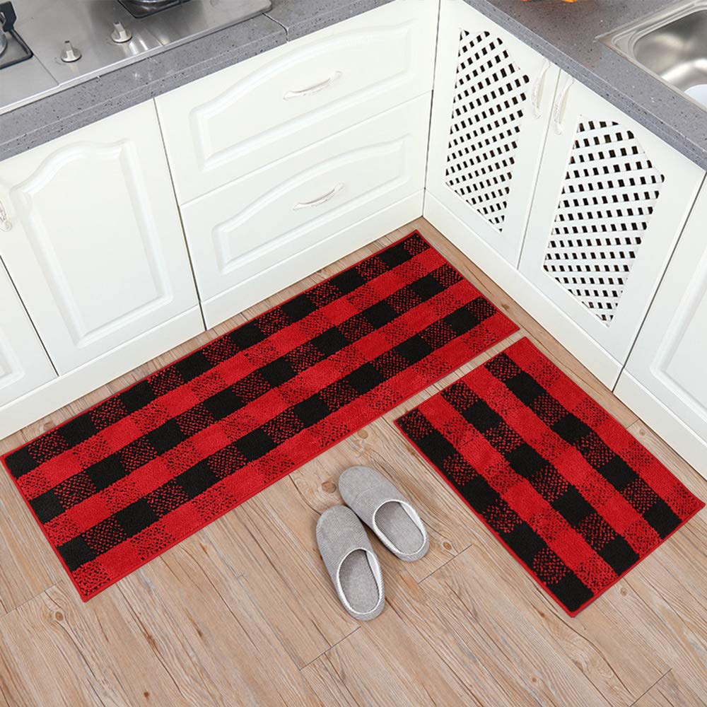 Carvapet 2 Pieces Buffalo Plaid Check Rug Set Water Absorb Microfiber Non-Slip Kitchen Rug Bathroom Mat Checkered Doormat Carpet for Laundry (17"x48"+17"x24", Black&Red)