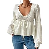 BAIMORE Women's Casual Deep V Neck Drawstring Tie Front Long Sleeve Ruffle Hem Pullover Sweater