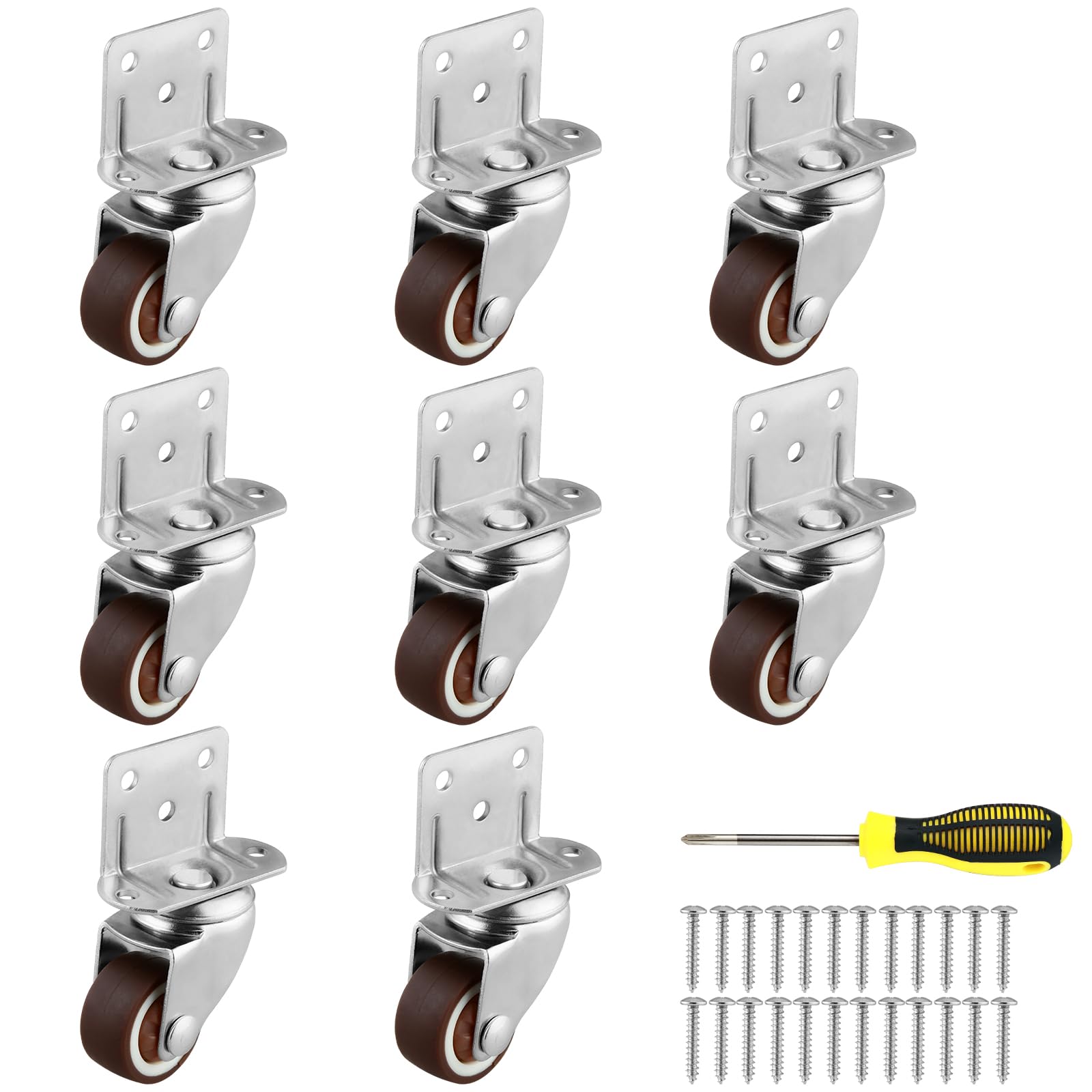 Photo 1 of 1 Inches Side Mount Caster Wheels Set of 8 L-Shaped Rubber Small Swivel Caster Heavy-Duty Double Plate Castor Without Brake Industrial Metal Wheel for Workbench, Furniture, Cabinet, Woodbox, Brown