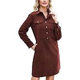 Women’s Corduroy Shirt Dress Long Sleeve Button Down Lapel Collar Midi Shift Tunic Dress with Pockets