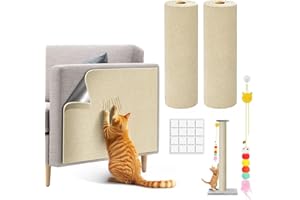 2 Pcs Cat Scratching Mat, with Interactive Cat Feather Toy, 16 stickers, Trimmable Self-Adhesive Cat Scratch Furniture Couch 