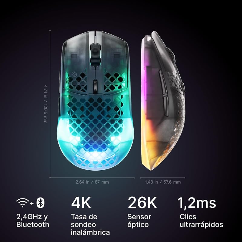 Aerox 3 Wireless Gen 2: Ratón Gaming de 68 g, Tasa de Sondeo: 4K, Sensor Óptico: 26 000 dpi, Batería: 200 h, Clasificación IP54, 80 M de Clics, RGB, Deslizadores 100% PTFE, Shadow