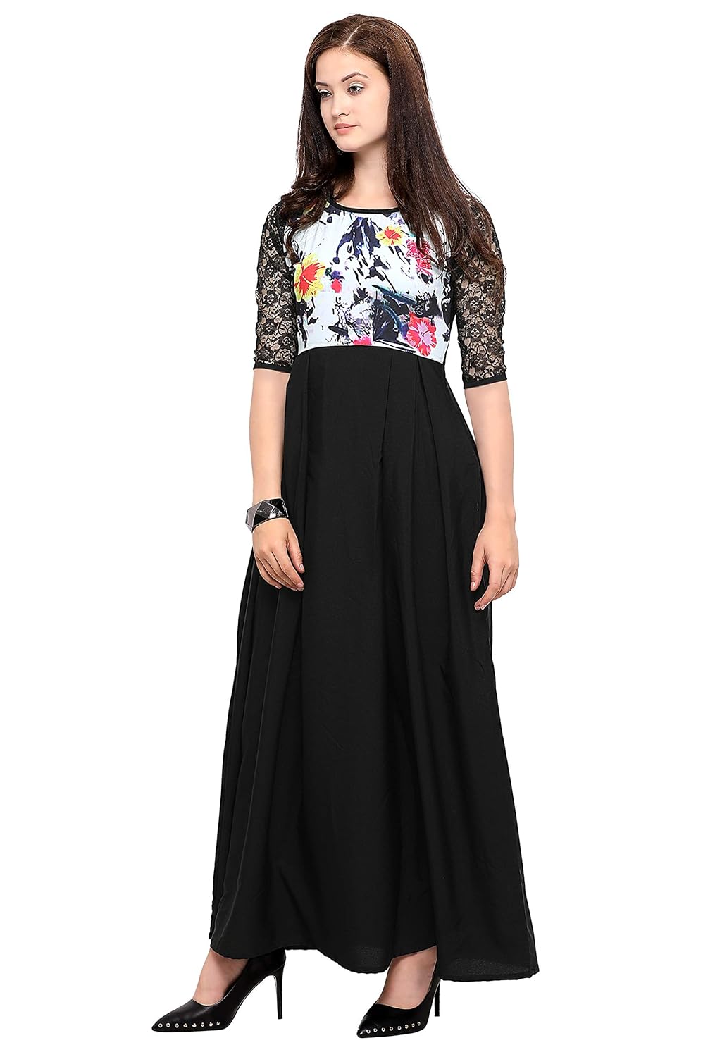 fashion2wear women black maxi digital printed stitched crepe gown