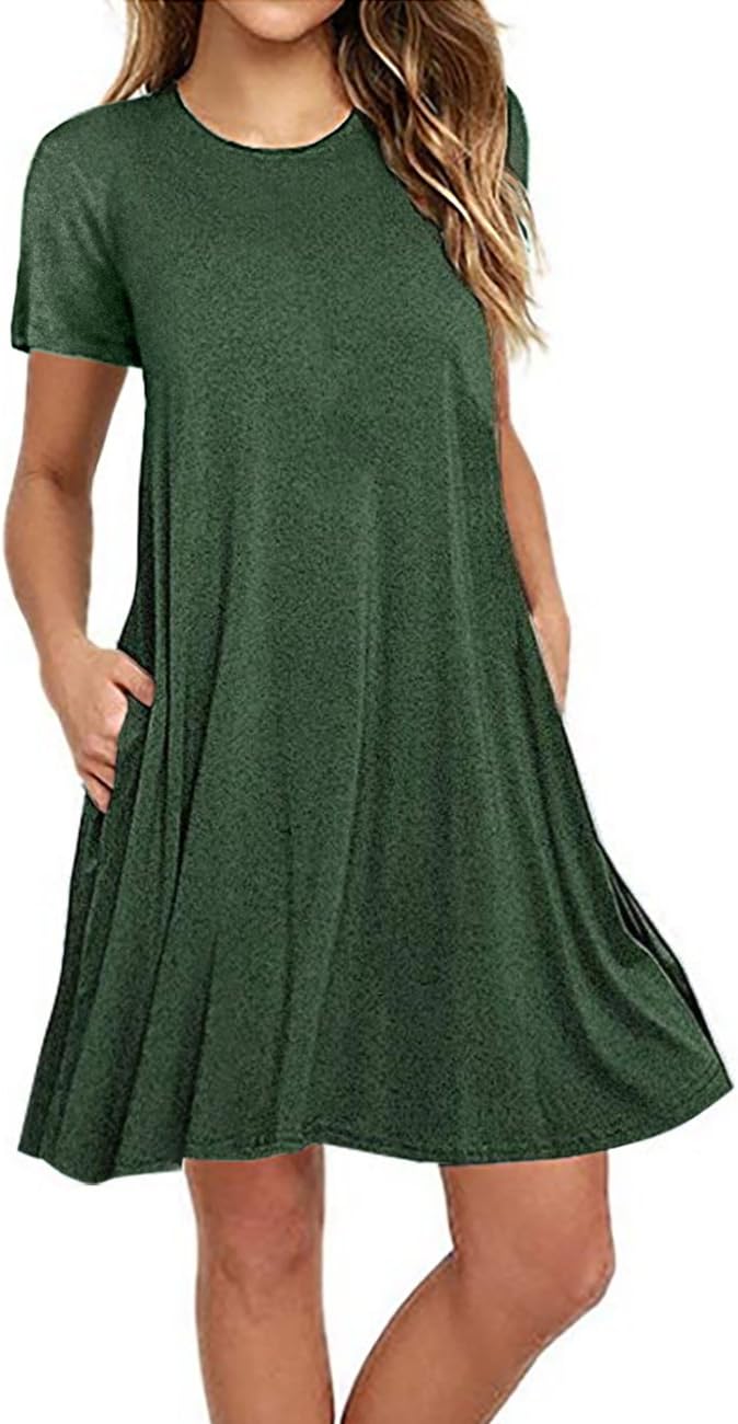 Naokenu Women Short Sleeve Swing Dress with Pockets Casual Loose T-Shirt Dress(2XL,Green)