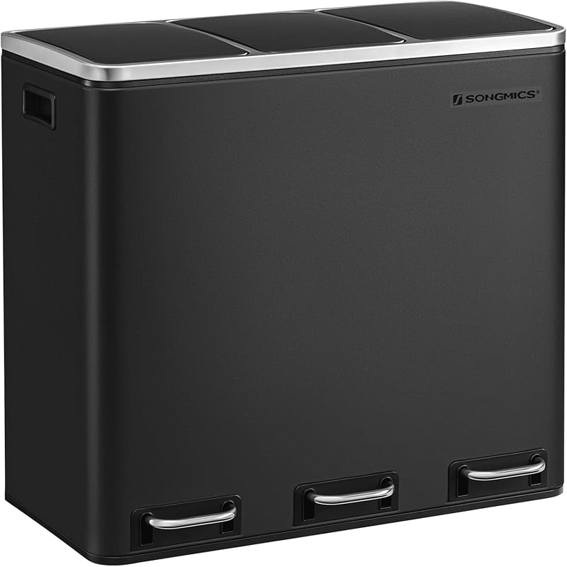 SONGMICS Kitchen Bin 3 x 18 L Recycling Bin with Soft-Close Lids Black LTB54BK