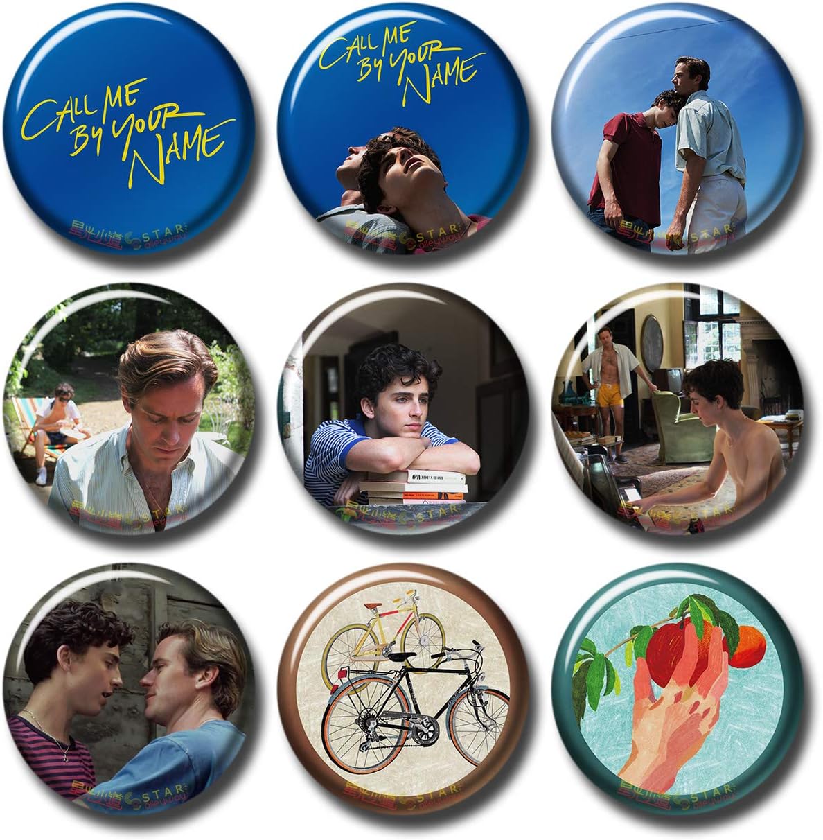 Pentagonwork Call Me by Your Name 9 pcs Button Pins Set Pack Movie 1222-P001 Timothée Chalamet Armie Hammer,Party Favors Supplies Gifts Home Decor (Round 2.3 inch|5.8cm)