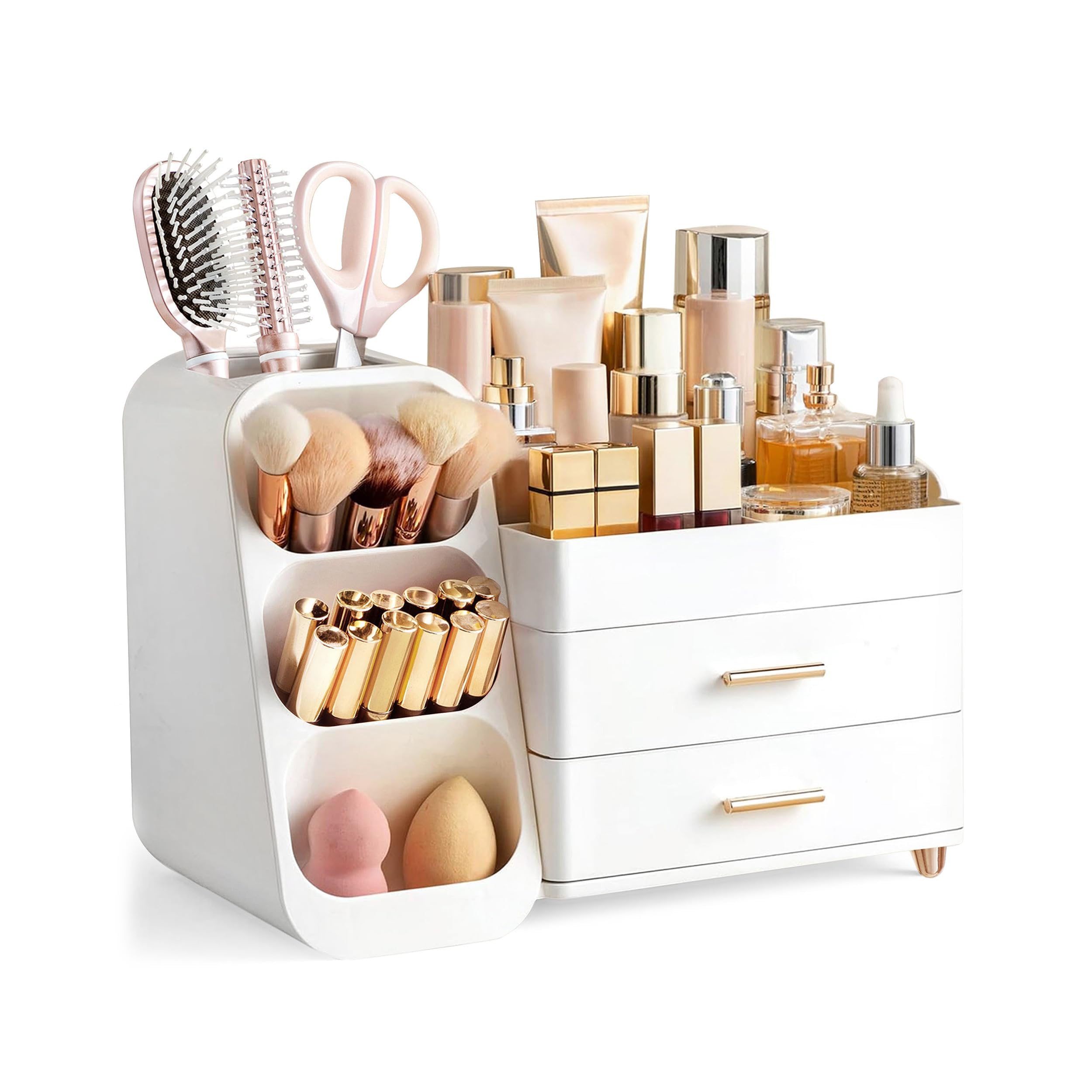 Photo 1 of HBlife Makeup Organizer with Brush Holder for Vanity, Large Plastic Bathroom Countertop Organizer Skin Care Storage, Easy to Store Lipsticks, Nail Polishes, Perfumes, Eyeshadow Palettes, All White