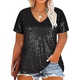 CARCOS Plus Size Sequin Top for Women Short Sleeve Party Blouse Evening Sparkle Shimmer V Neck Glitter Shirt Ladies XL-5XL