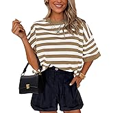 PRETTYGARDEN Womens Spring Summer Tops Fashion Striped Short Sleeve Sweater Crew Neck Lightweight Knit Oversized Shirts 2025