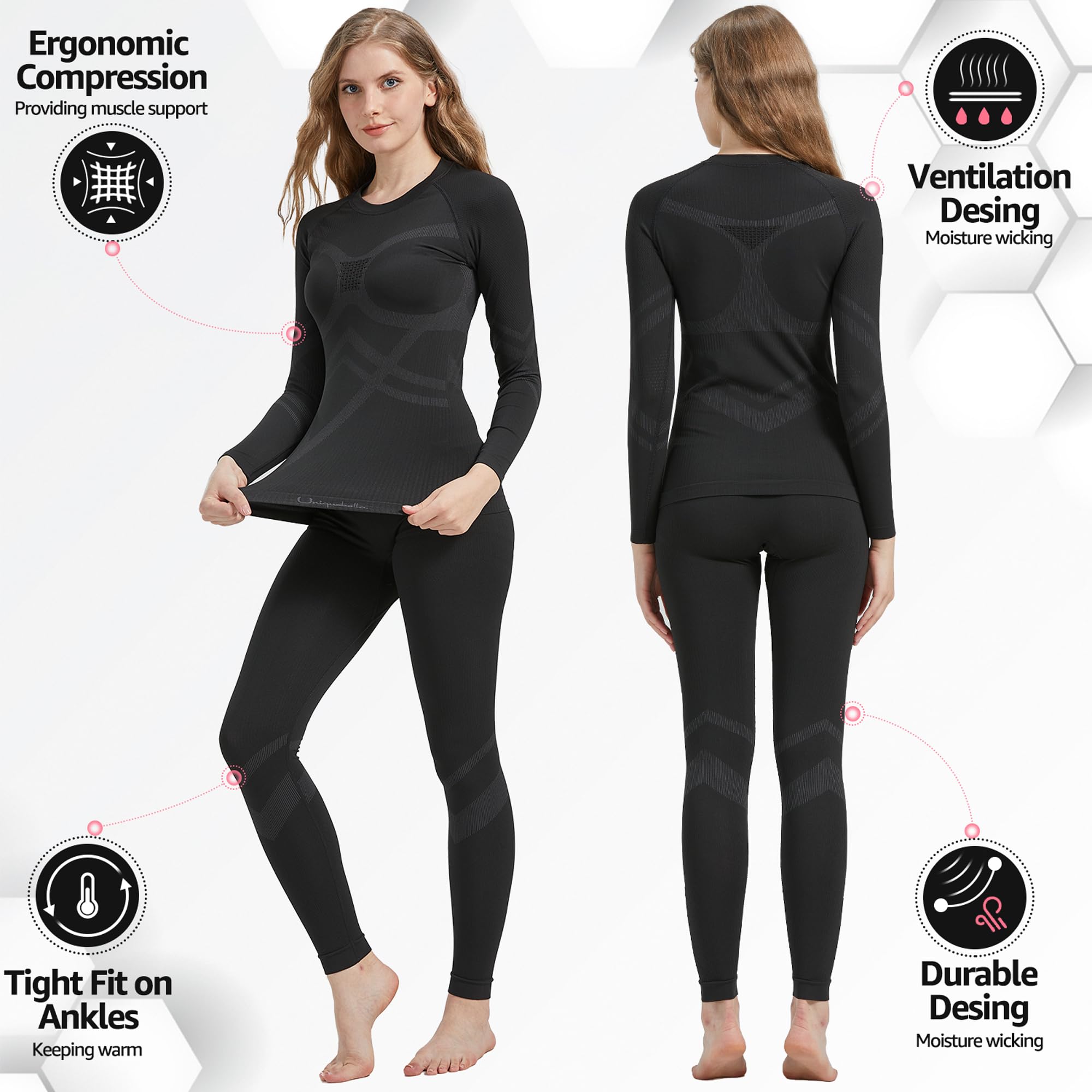 UNIQUEBELLA Thermal Underwear Womens, Quick Dry Winter Ladies Thermal Underwear Ski Thermal Underwear Set Functional Underwear for Skiing Sport Yoga