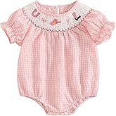 FIOMVA Toddler Baby Girl Clothes Summer Smocked Bubble Romper Embroidery Onesie Short Sleeve Bodysuit Cute Outfits