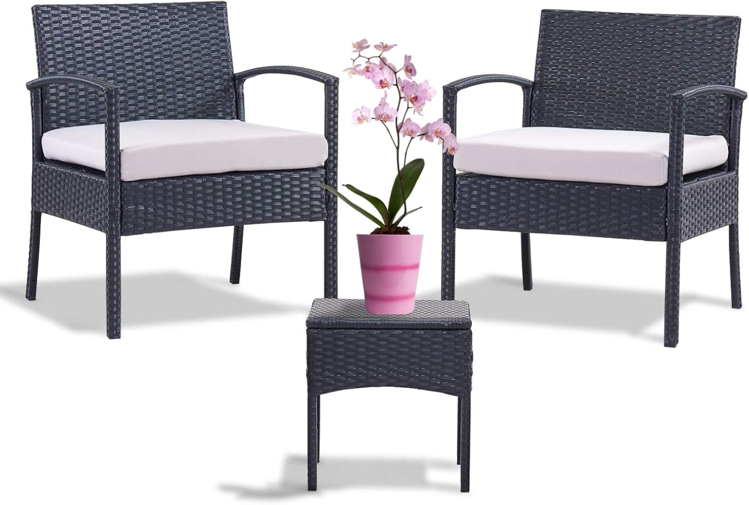 Leasbar Outdoor Chairs Set Bistro Set 3 Pieces Patio Conversation Set Furniture Set for Small Balcony Rattan Chairs and Table with Cushions Grey: Garden & Outdoor