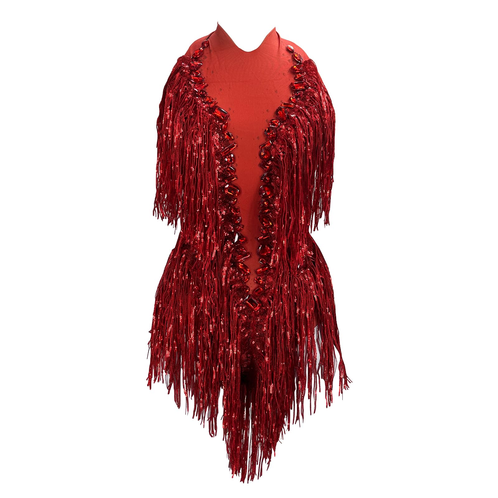 Photo 1 of Yoyomomozi Fashion Pearl Sequin Fringes Sexy Tassel Bodysuit Women Pole Latin Dance Costume Stage Ds Performance Show (red)