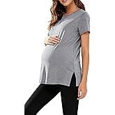 WOOXIO Women's Maternity Shirts Short Sleeve Split Hem Pregnancy Tops Clothes