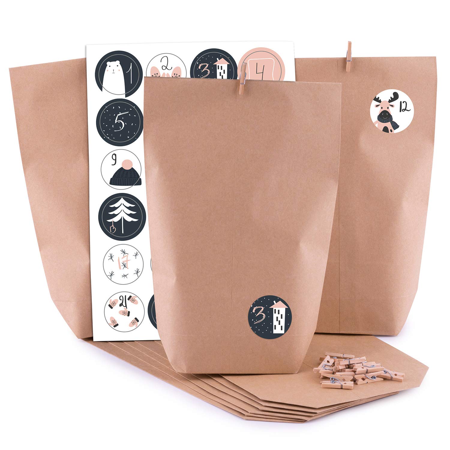 pajoma Sweetly Advent Calendar for Filling - 24 Brown Kraft Paper Bags with Number Stickers & Mini Clips - DIY Christmas Calendar Craft Set Christmas