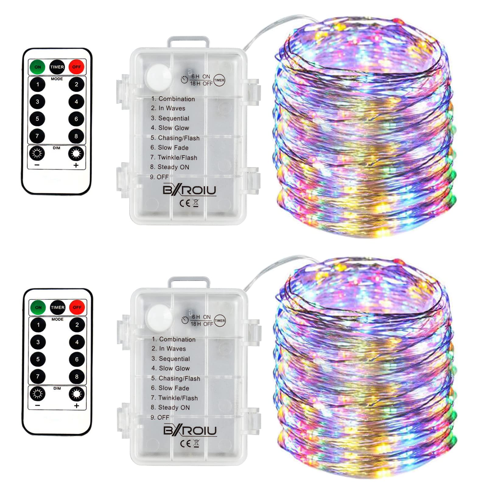 BXROIU 2 x Fairy String Lights Battery Operated, Silver Wire 8 Mode Chains 5 Meters 50 LEDs Firefly String Lights with Remote Control for Bedroom Christmas Party Wedding Decoration (Multicolor1)