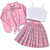Girls 3 Piece Skirt Set Cami Crop Tops Pleated Skirt with Button Shirts Size 6-12