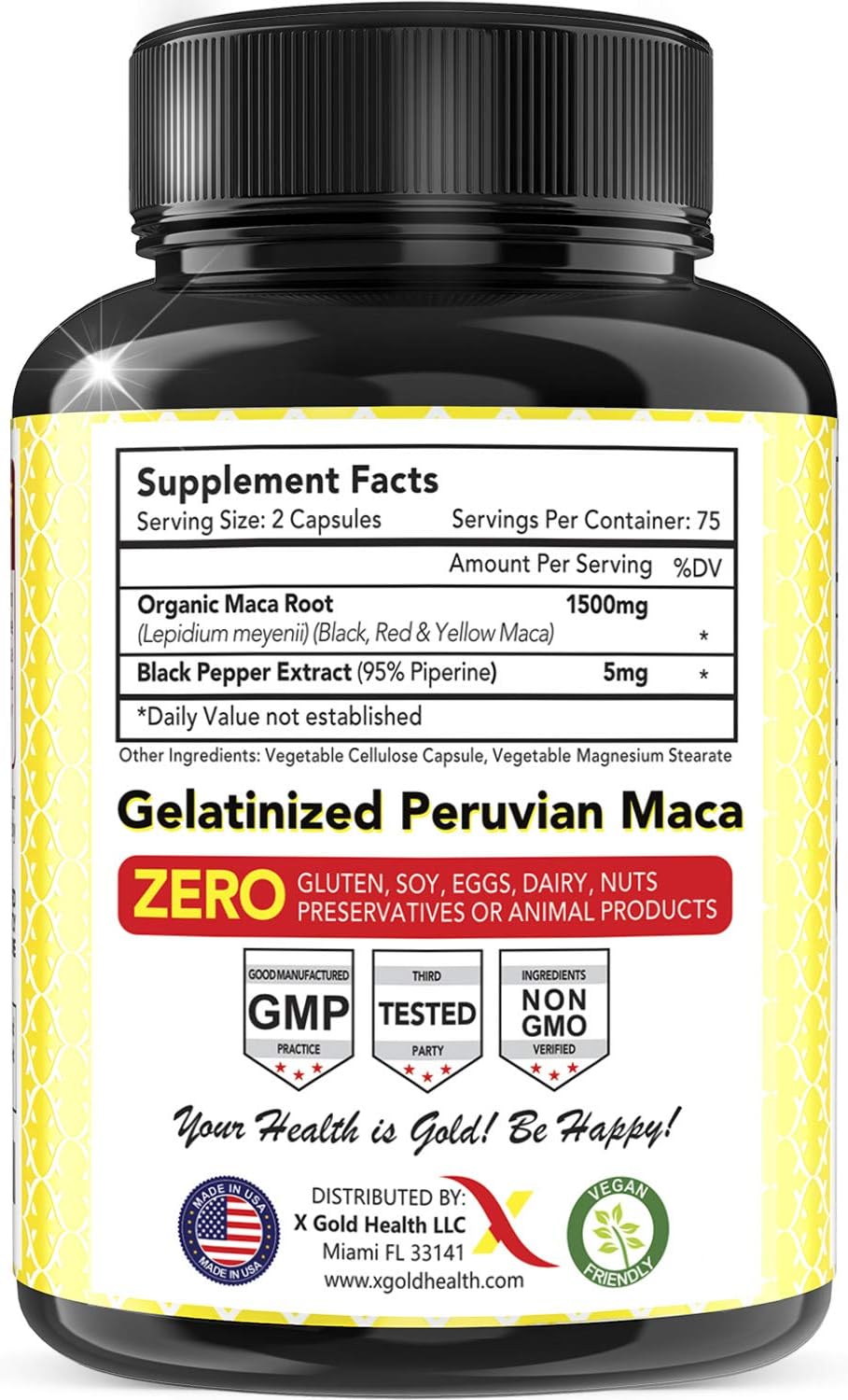 Organic Maca Root Powder Capsules Black, Red, Yellow - 150 Vegan Pills - 1500mg Strongest Peruvian Maca Gelatinized for Energy, Performance, Mood for Men and Women w/Black Pepper for Best Benefits: Health & Personal Care