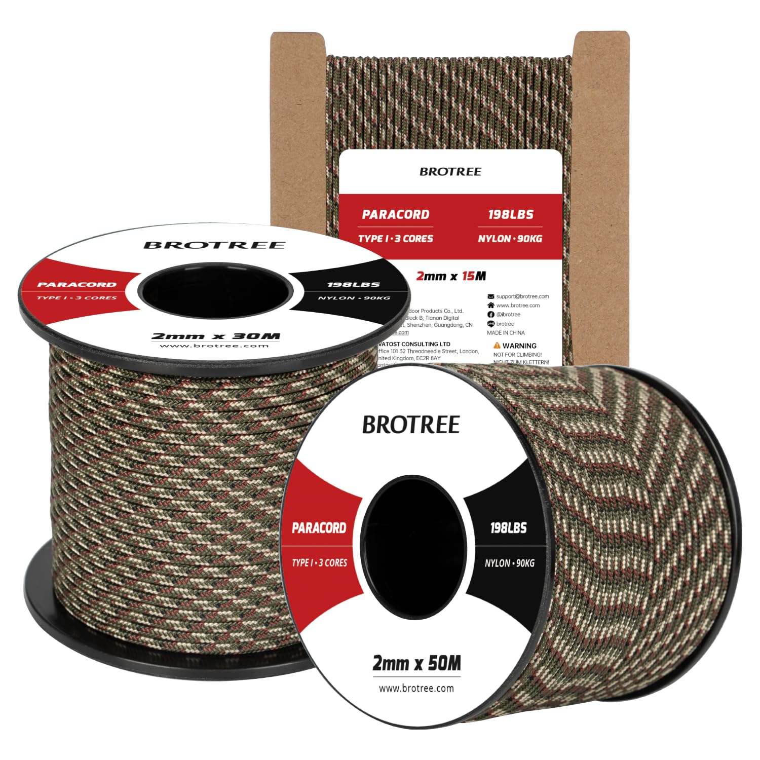 Brotree 2mm Paracord 3 Strands 30M 100% Nylon Rope Parachute Cord for Outdoor, Craft, DIY - 90kg Breaking Load (Forest Camo) — image 1