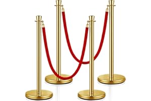 Wesiti 4 Pcs Stainless Steel Stanchion Post Queue, 5ft Red Velvet Rope Red Carpet Ropes and Poles Stanchions and Velvet Ropes Gold Stanchions with Red Rope Crowd Control Barriers for Party Supplies