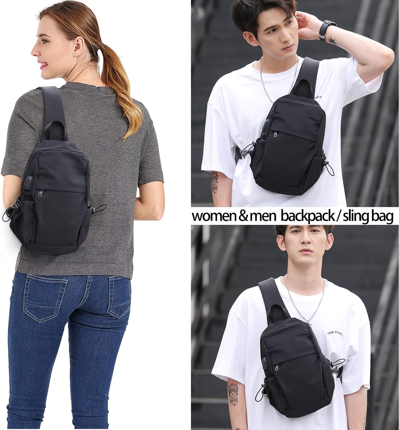 Small Black One Strap Backpack Sling Bag Crossbody Backpack for Men Women, Lightweight Waterproof Sling Backpack Shoulder Bag for Hiking Walking Biking Travel Cycling USB Charger Port-Nylon: Clothing