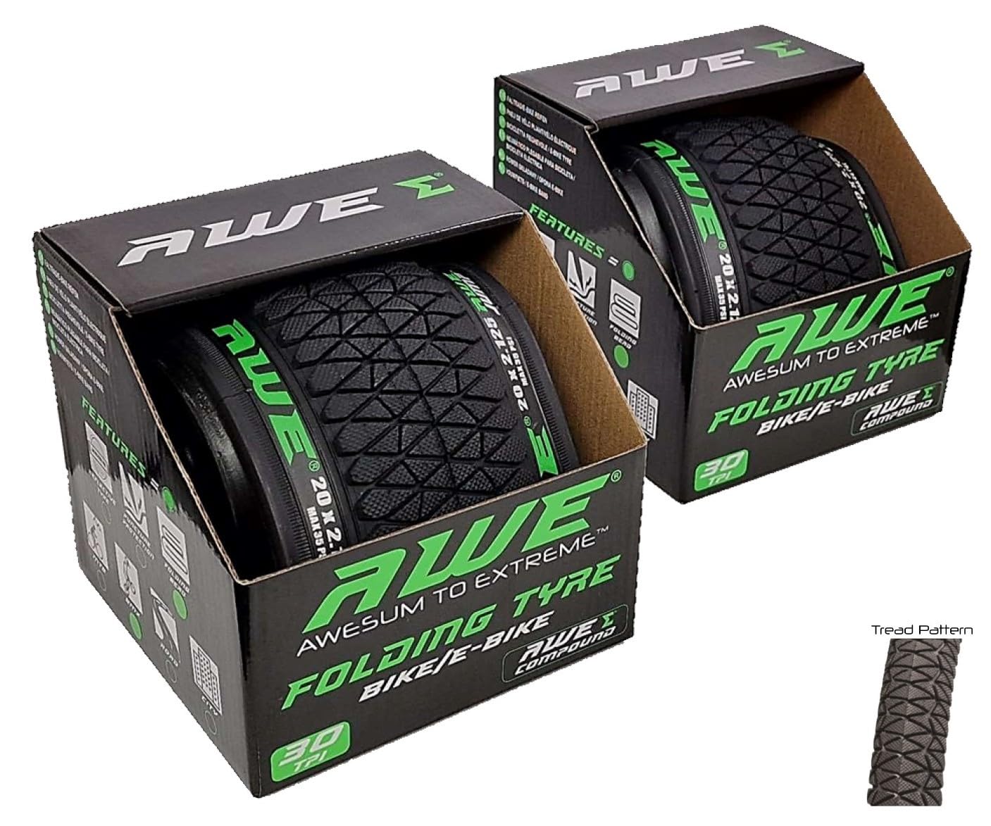 2 x AWE AWEJump Bike/E-Bike Folding Tyres 20" x 2.125cm BMX 30 TPI