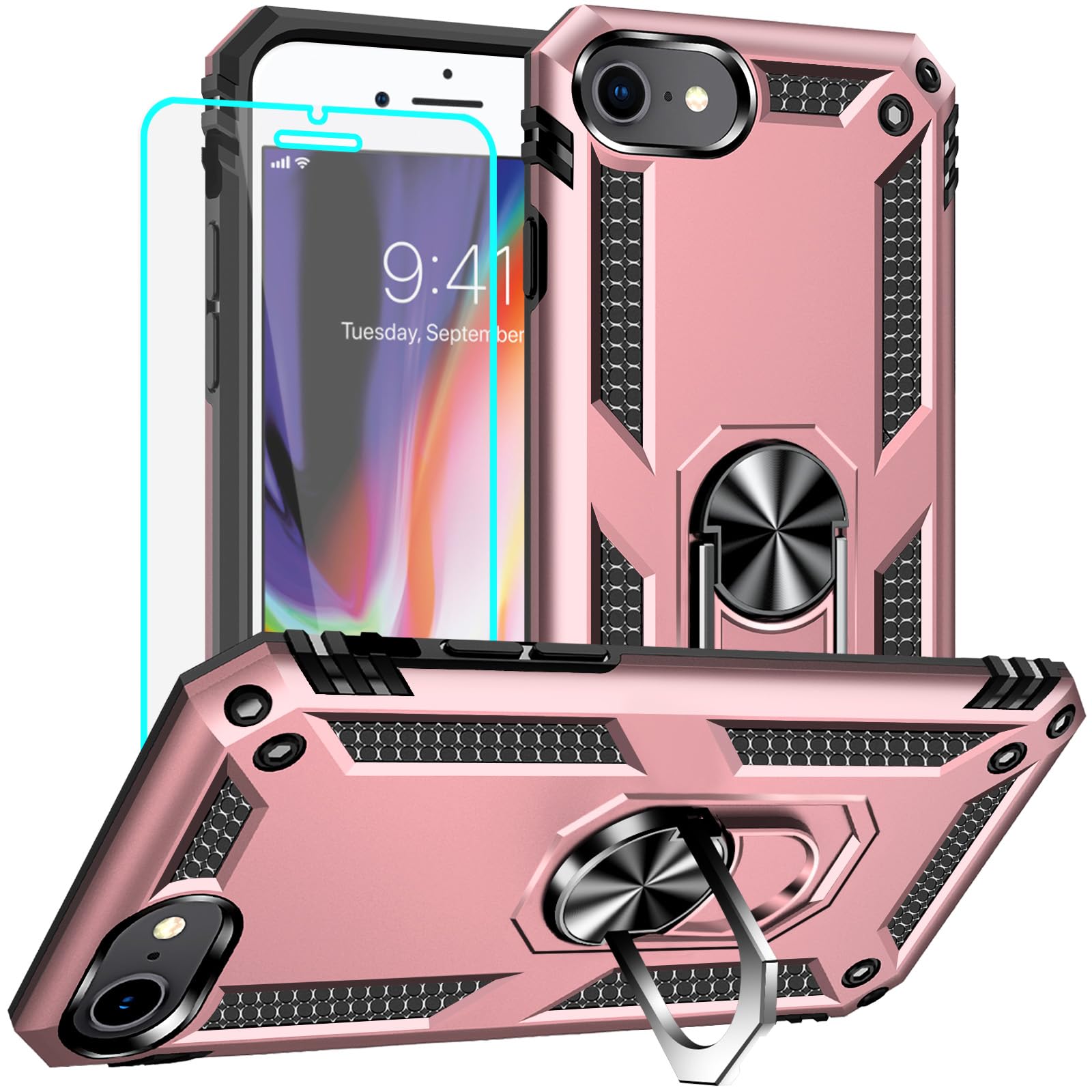 Yiakeng for iPhone 8 Case, iPhone 7 Case With Screen Protector, Silicone Shockproof Military Grade Protective Phone Cover for iPhone SE 2020/8/7 (A-iPhone 8 Case Rosegold)