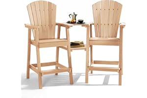 PASAMIC Tall Adirondack Chair Set of 2, All-Weather HDPE Outdoor Chairs with Removable Double Trays, Bar Height Adirondack Chairs for Balcony, Deck, Patio, Backyard, Wood
