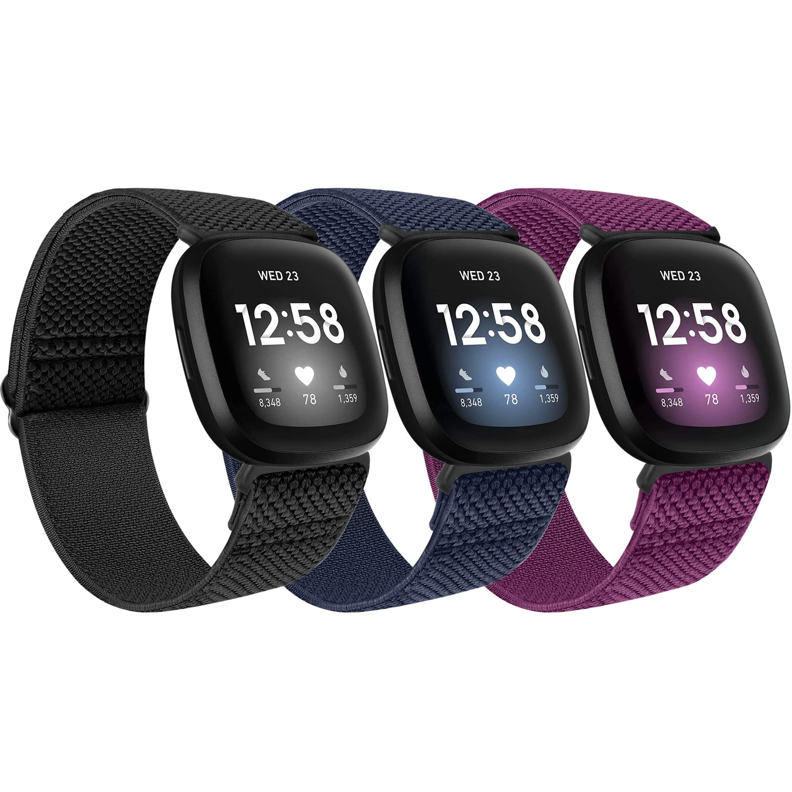 SHIJZWD 3 Packs Elastic Watch Strap Compatible with Fitbit Versa 3/Fitbit Sense, Soft Breathable Nylon Sports Loop Band Stretchy Adjustable Replacement Wristband for Women Men (Black+Indigo+Purple)