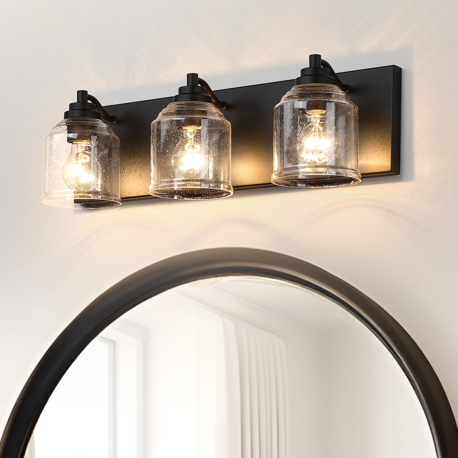 Photo 1 of ***FACTORY SEALED***YKLITG Vanity Lights for Bathroom Large 23", Farmhouse Rustic Vanity Light with Bubble Glass Shades, Black 3 Light Bathroom Lighting Fixtures Over Mirror, Bath Wall Sconce Home Decor